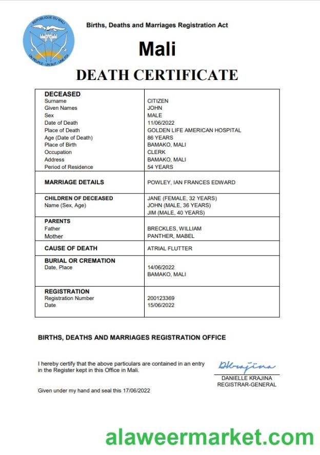 Mali vital record death certificate Word and PDF template
